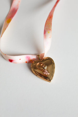 Vintage Locket Ribbon Necklace -  Pink/ Green Vine Heart