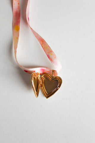 Vintage Locket Ribbon Necklace -  Pink/ Green Vine Heart