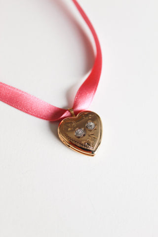 Vintage Locket Ribbon Necklace -  Two Flowers Heart