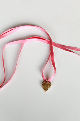 Vintage Locket Ribbon Necklace -  "I Love You" Rose Heart