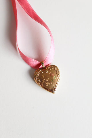 Vintage Locket Ribbon Necklace -  "I Love You" Rose Heart