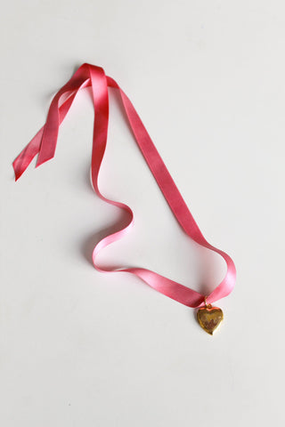 Vintage Locket Ribbon Necklace -  Pink Flower Heart