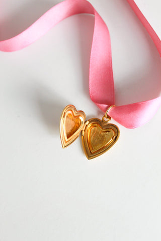 Vintage Locket Ribbon Necklace -  Pink Flower Heart