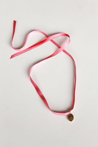 Vintage Locket Ribbon Necklace -  Tiny Two Hearts