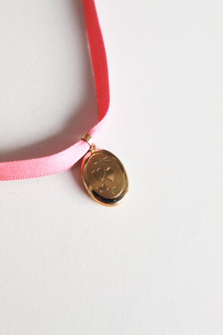 Vintage Locket Ribbon Necklace -  Tiny Two Hearts