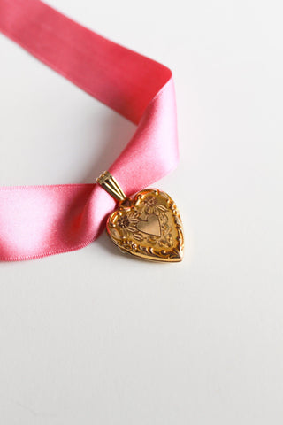 Vintage Locket Ribbon Necklace -  Large Heart