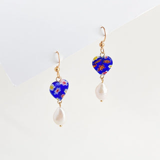 Blue Heart Pearl Earrings