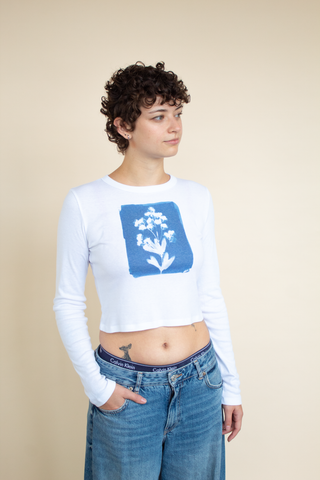 Cyanotype Flower Long Sleeve Baby Tee (XS - 2X)