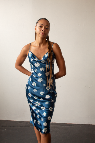 Cyanotype Flower Midi Silk Slip Dress (XXS - 4X) PREORDER