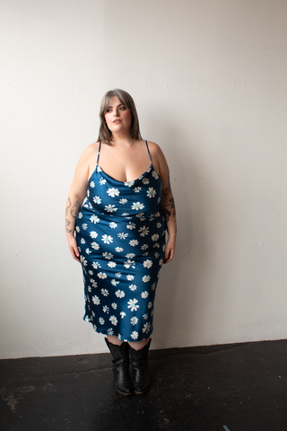 Cyanotype Flower Midi Silk Slip Dress (XXS - 4X) PREORDER
